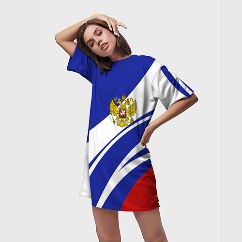 Женская длинная футболка Герб России на абстрактных полосах / 3D-принт – фото 3