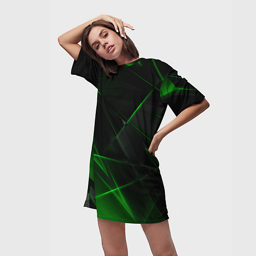 Женская длинная футболка Зелёные узоры текстура / 3D-принт – фото 3