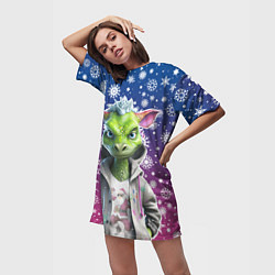 Футболка женская длинная Зеленый дракон и снежинки, цвет: 3D-принт — фото 2