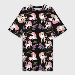 Футболка женская длинная Единорог цветная грива, цвет: 3D-принт