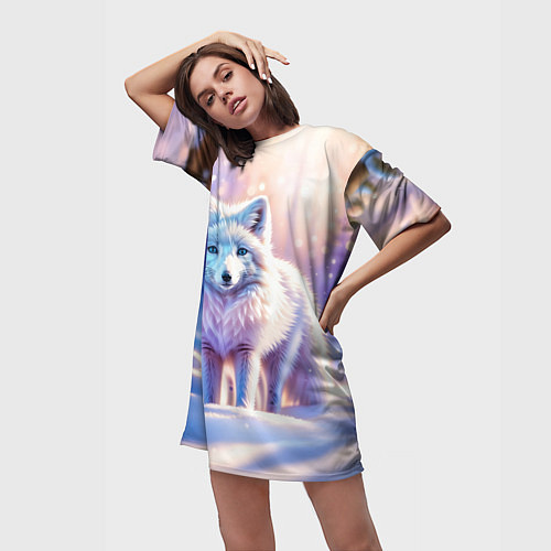 Женская длинная футболка Заснеженный зимний пейзаж с песцом / 3D-принт – фото 3