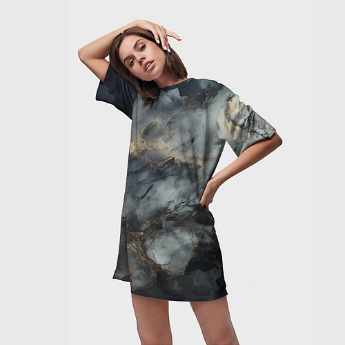 Женская длинная футболка Темно-серый мрамор / 3D-принт – фото 3