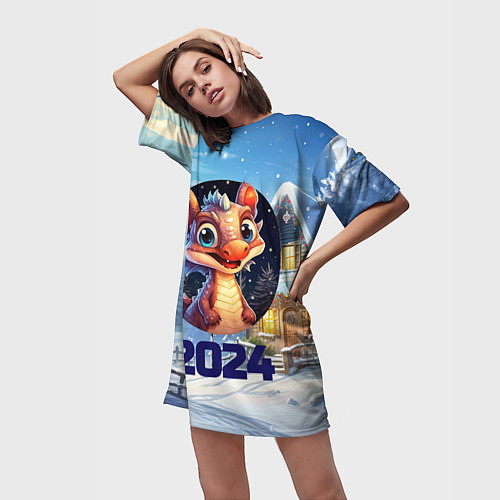 Женская длинная футболка Миниатюрный представитель зимы / 3D-принт – фото 3