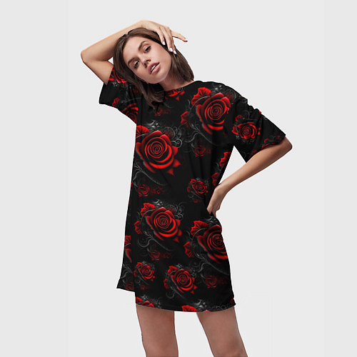 Женская длинная футболка Красные розы цветы / 3D-принт – фото 3