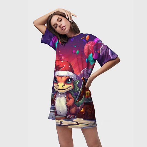 Женская длинная футболка Маленький новогодний милый дракон 2024 / 3D-принт – фото 3