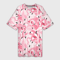 Футболка женская длинная Стая розовых фламинго, цвет: 3D-принт