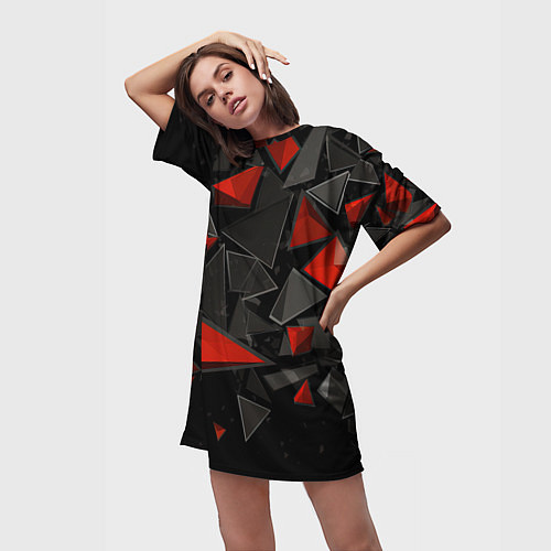 Женская длинная футболка Черные и красные треугольные частицы / 3D-принт – фото 3