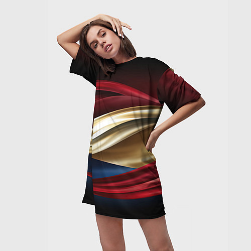 Женская длинная футболка Золотые и красные волны абстракции / 3D-принт – фото 3