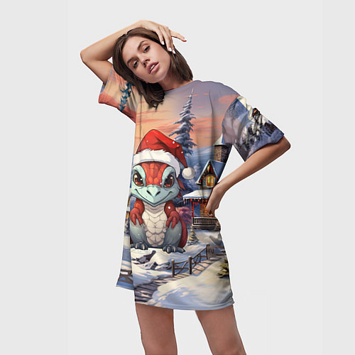 Женская длинная футболка Красный дракончик 2024 / 3D-принт – фото 3