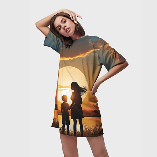 Женская длинная футболка Мать и дитя на закате / 3D-принт – фото 3
