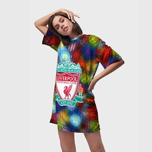 Женская длинная футболка Liverpool все logo неон / 3D-принт – фото 3