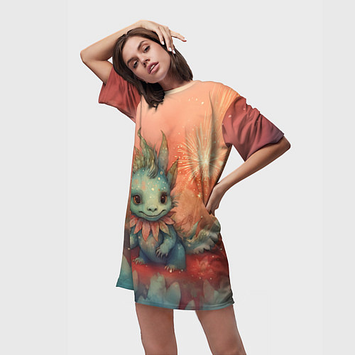 Женская длинная футболка Праздничный дракон с искрами / 3D-принт – фото 3