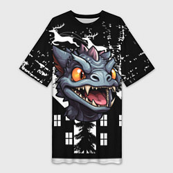 Футболка женская длинная Злой дракон на черном фоне, цвет: 3D-принт