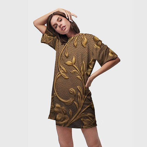 Женская длинная футболка Золотые объемные узоры абстракт / 3D-принт – фото 3