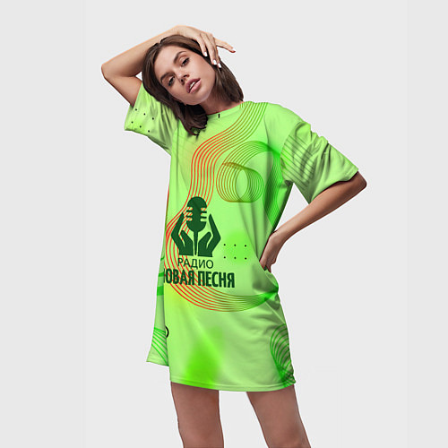 Женская длинная футболка Радио Новая Песня Салатовый стиль / 3D-принт – фото 3