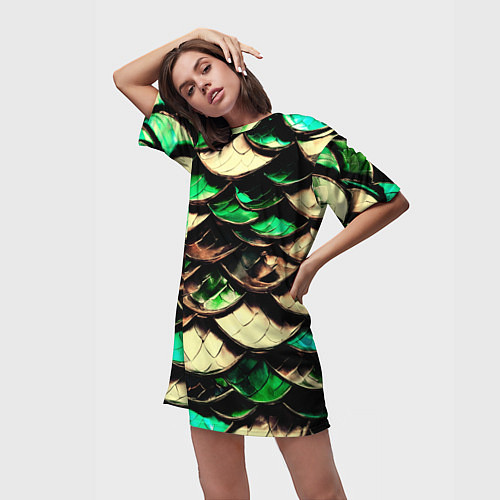 Женская длинная футболка Чешуя зеленого дракона / 3D-принт – фото 3