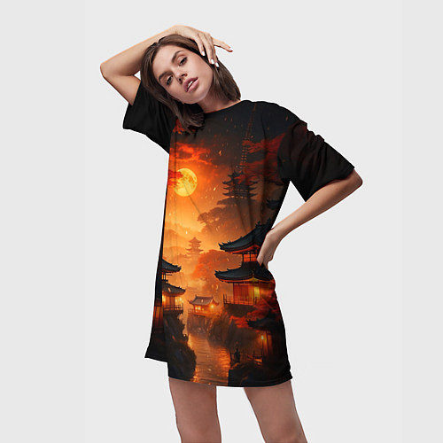 Женская длинная футболка Мрачная япония - пейзаж / 3D-принт – фото 3