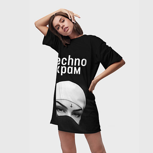Женская длинная футболка Techno храм монашка в маске / 3D-принт – фото 3