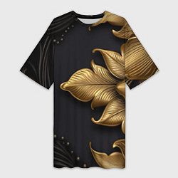 Футболка женская длинная Золотые объемные листья на черном фоне, цвет: 3D-принт