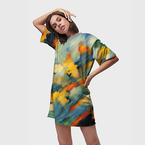 Женская длинная футболка Жёлтые и синие мазки / 3D-принт – фото 3