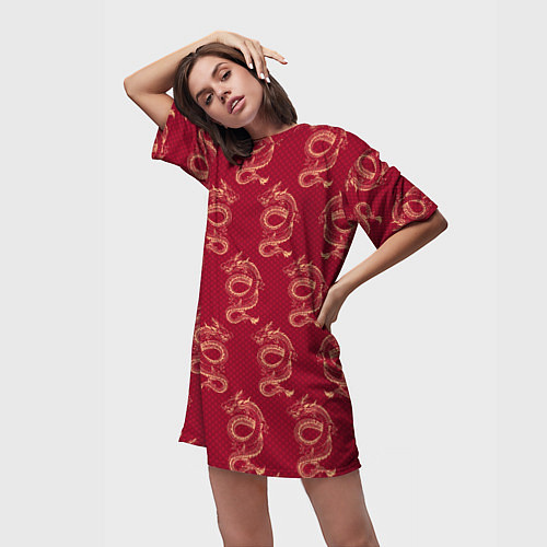 Женская длинная футболка Китайский дракон на красном фоне / 3D-принт – фото 3