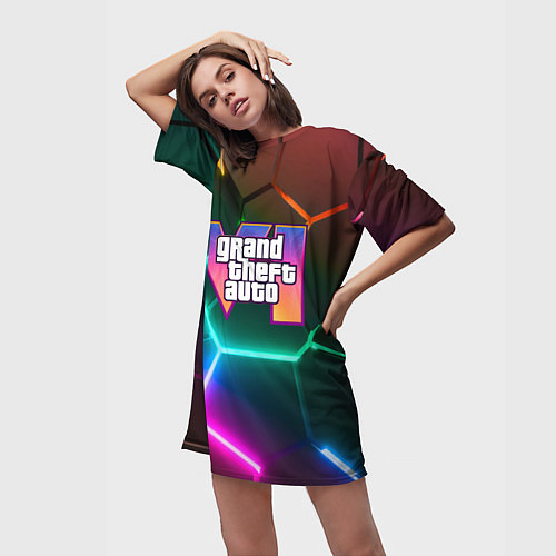 Женская длинная футболка GTA 6 лого на фоне разлома разноцветных плит / 3D-принт – фото 3