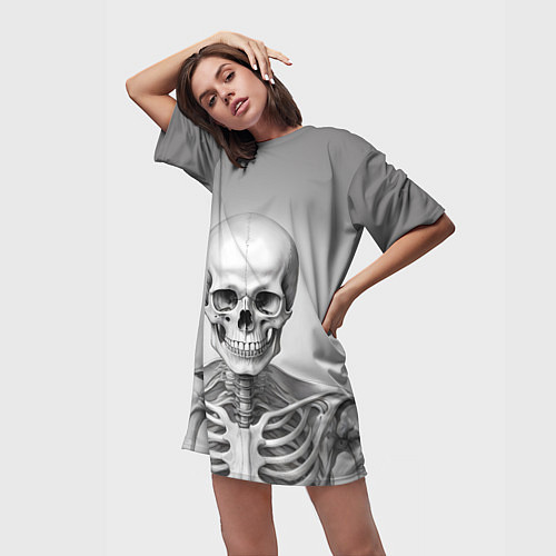 Женская длинная футболка Скелет черно белый / 3D-принт – фото 3