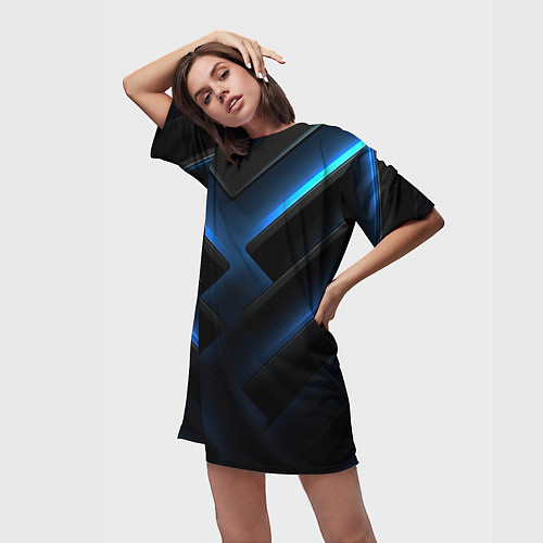 Женская длинная футболка Черный абстрактный фон и синие неоновые вставки / 3D-принт – фото 3