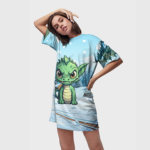 Женская длинная футболка Маленький зеленый забавный дракон / 3D-принт – фото 3