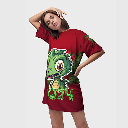 Женская длинная футболка Маленький зеленый новогодний дракон / 3D-принт – фото 3