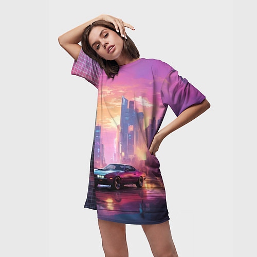 Женская длинная футболка Спорткар на закате / 3D-принт – фото 3