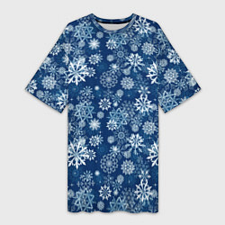 Футболка женская длинная Snowflakes on a blue background, цвет: 3D-принт