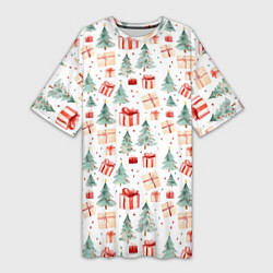 Футболка женская длинная Акварельные елочки и подарки, цвет: 3D-принт
