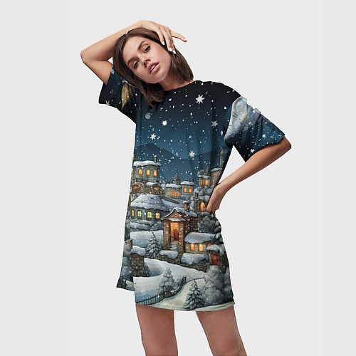 Женская длинная футболка Новогодний городок ночной / 3D-принт – фото 3