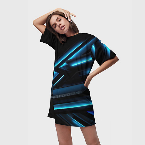 Женская длинная футболка Черная абстракция с синим неоновым ярким свечением / 3D-принт – фото 3