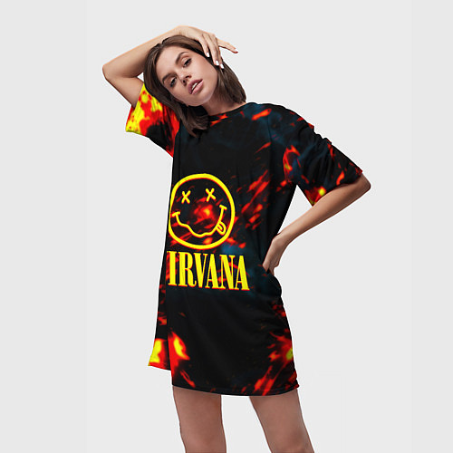 Женская длинная футболка Nirvana rock огненное лого лава / 3D-принт – фото 3