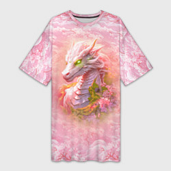 Футболка женская длинная Розовый дракон с цветами сакуры, цвет: 3D-принт