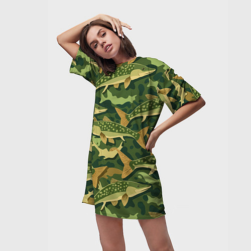 Женская длинная футболка Камуфляж рыболова - рыба щука / 3D-принт – фото 3