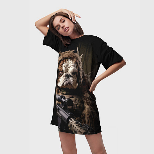 Женская длинная футболка Английский бульдог суровый воин / 3D-принт – фото 3