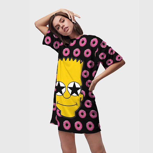 Женская длинная футболка Барт Симпсон на фоне пончиков / 3D-принт – фото 3