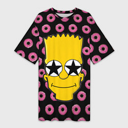 Футболка женская длинная Барт Симпсон на фоне пончиков, цвет: 3D-принт