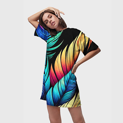 Женская длинная футболка Color feathers - neon / 3D-принт – фото 3