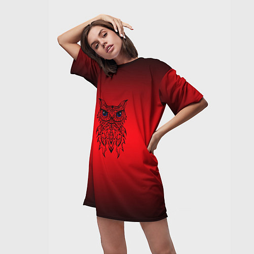 Женская длинная футболка Сова маркером на чёрно-красном / 3D-принт – фото 3