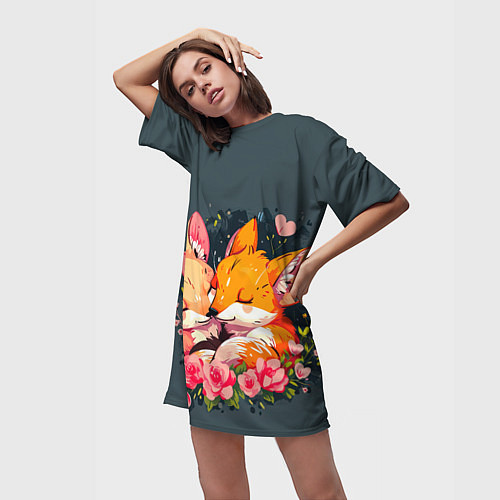 Женская длинная футболка Милые лисички в цветах / 3D-принт – фото 3