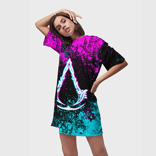 Женская длинная футболка Ассасин крид мираж- неоновые брызги / 3D-принт – фото 3