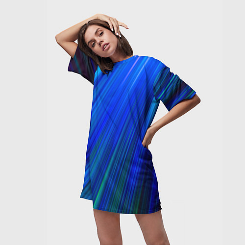 Женская длинная футболка Неоновые синии линии / 3D-принт – фото 3