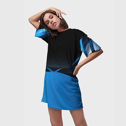 Женская длинная футболка Геометрическая абстракция черных и синих волн / 3D-принт – фото 3