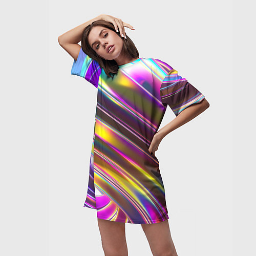 Женская длинная футболка Неоновый скрученный металл разноцветный / 3D-принт – фото 3