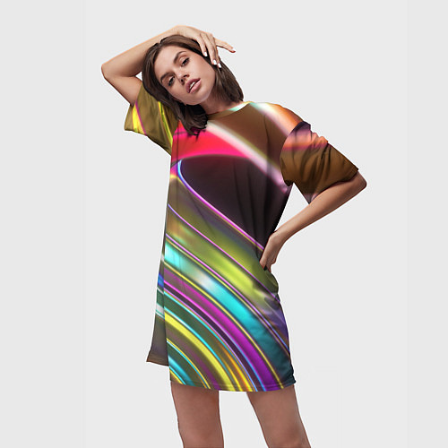 Женская длинная футболка Неоновый крученный металл разноцветный / 3D-принт – фото 3
