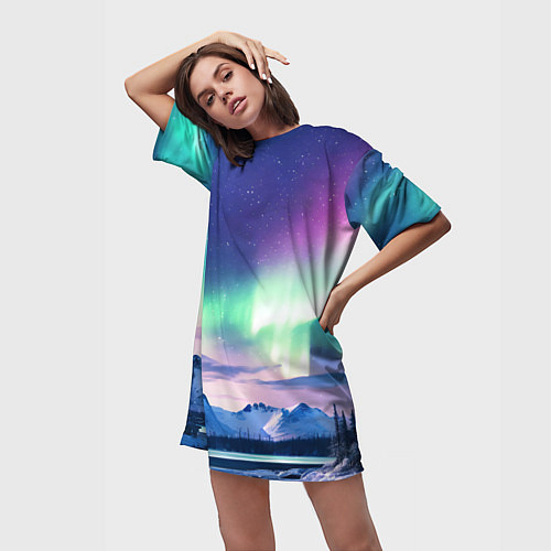 Женская длинная футболка Северное сияние на природе ai art / 3D-принт – фото 3